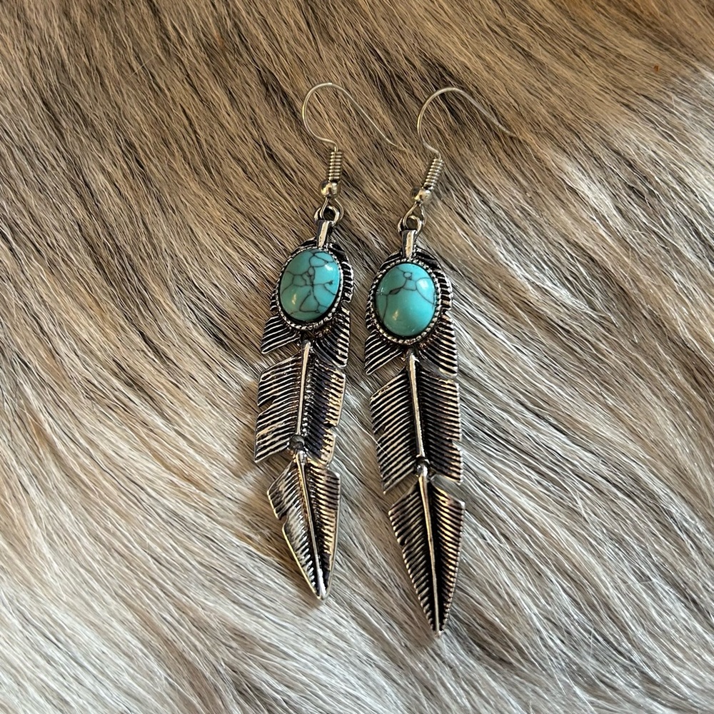 Feather turquoise sterling silver earrings